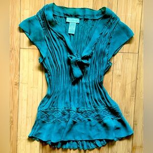 Y2K Teal Sheer Pleated Blouse Tie Front Lace Trim Top Romantic